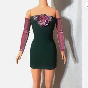 Dark green mini dress for My Size Barbie Doll 36" With pink sequin flower. New